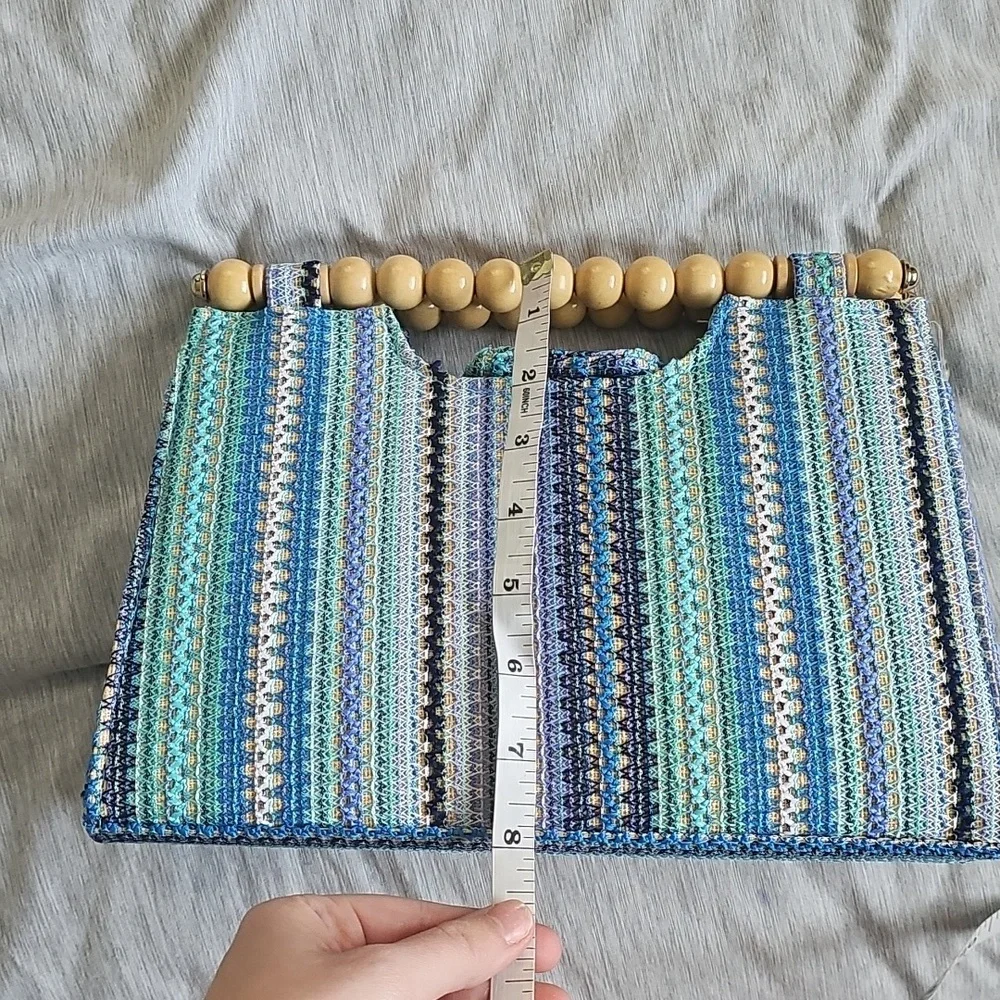 Striped Turquoise Blue and Green Handbag with Wooden Handles